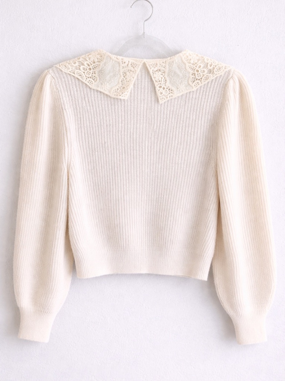 White Lace Collar Cardigan Cottagecore Coquette Ribbed Knit Cropped S - Picture 3 of 5
